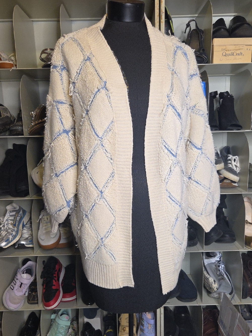 Gilded Intent Cream Open-Front Cardigan with Light Blue Diamond Stitching